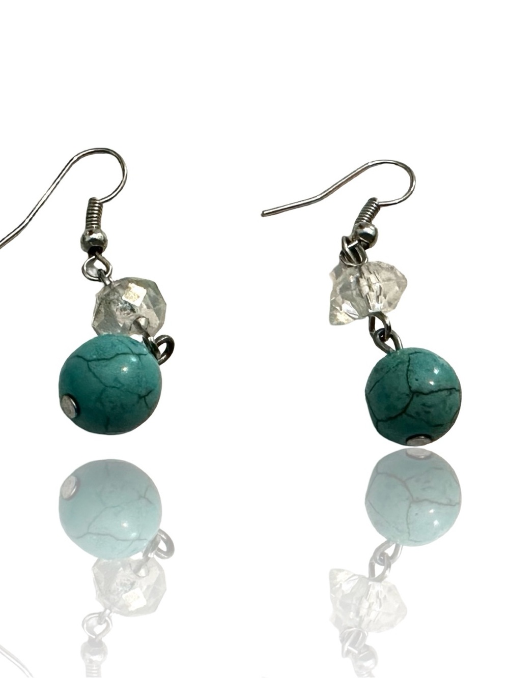 Artisan Genuine Turquoise Drop Earrings & Swarovski Clear Faceted GlassAccent